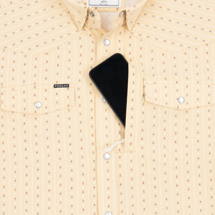 Phone in chest zipper pocket of shirt