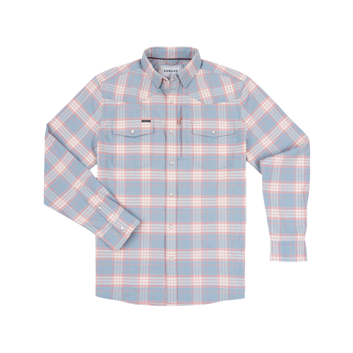 Light blue and pink plaid button-up shirt called The Pacific City with chest pockets and long sleeves