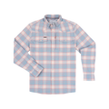 Light blue and pink plaid button-up shirt called The Pacific City with chest pockets and long sleeves