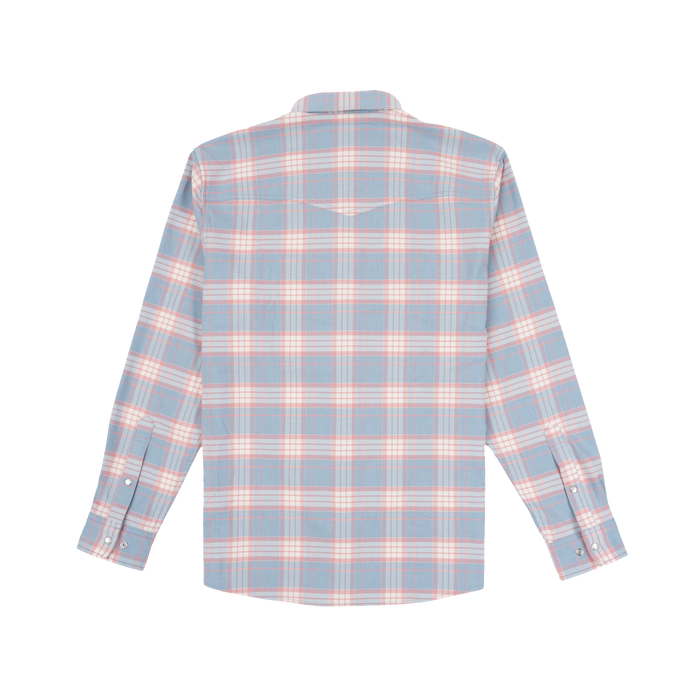 Back view of The Pacific City shirt in a soft blue and pink plaid pattern with buttoned cuffs and collar.