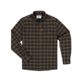 The Rusty Saw plaid long sleeve shirt in earthy brown and black tones