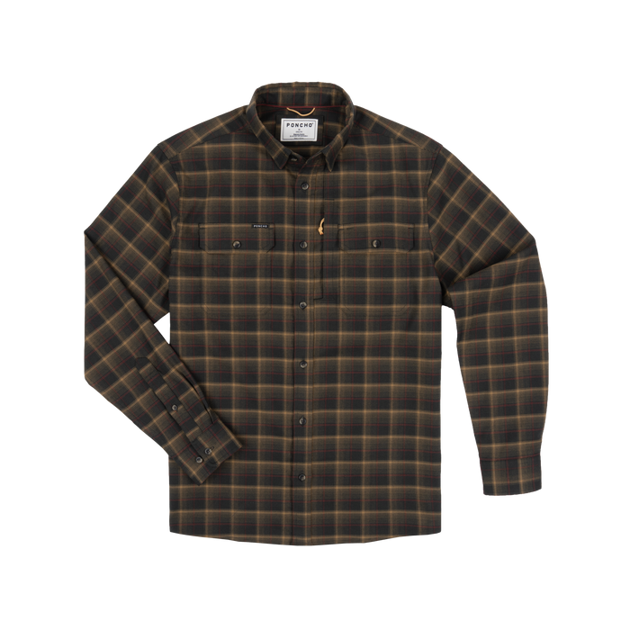 The Rusty Saw plaid long sleeve shirt in earthy brown and black tones