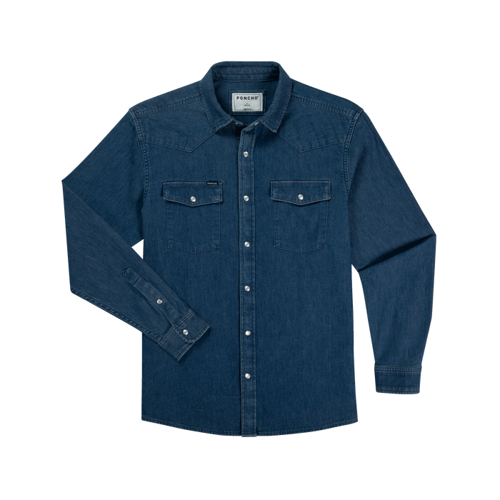 product photo of dark blue denim shirt