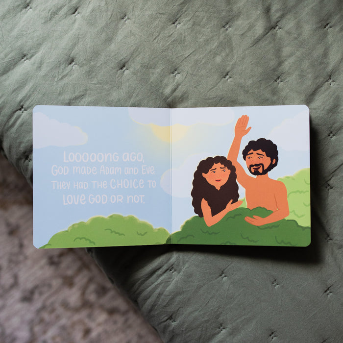The Story of the Bible The Problem and the Promise Children's Book opened to the first page on a green blanket