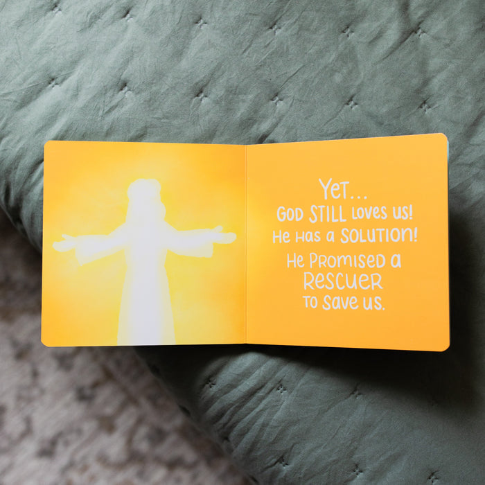 The Story of the Bible The Problem and the Promise Children's Book opened to god having a plan for us page on a green blanket