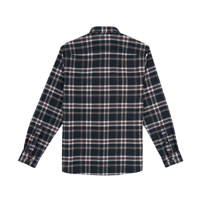 The Willamette long sleeve plaid shirt in dark tones viewed from the back