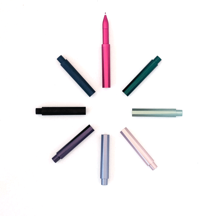GIF showing all colours of the Wren refillable everyday writing pen