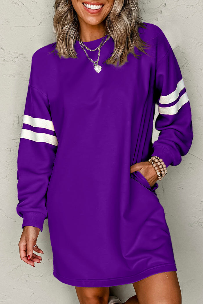 Tillandsia Purple Preppy Striped Sleeve Loose Mini Dress Shewin