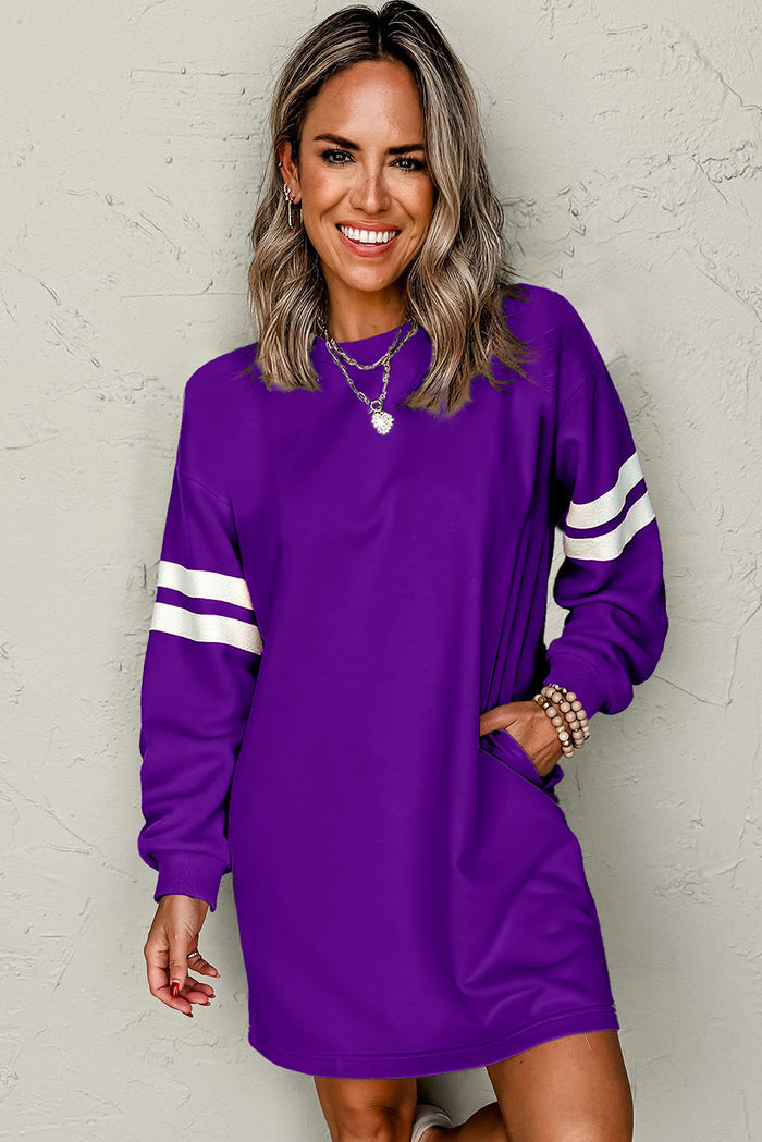 Tillandsia Purple Preppy Striped Sleeve Loose Mini Dress Shewin