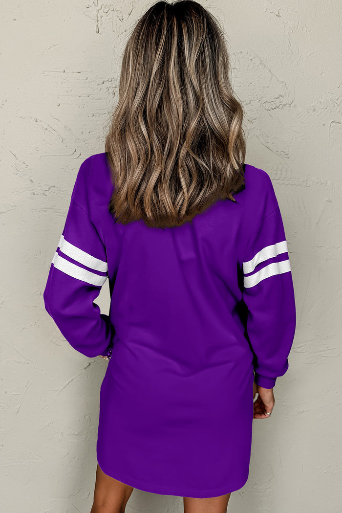 Tillandsia Purple Preppy Striped Sleeve Loose Mini Dress Shewin