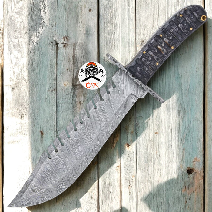 Timber Wolf Shark Back Knife And Sheath - Damascus Steel Blade, Wooden Handle, Lanyard Hole - Length 15 cskforged