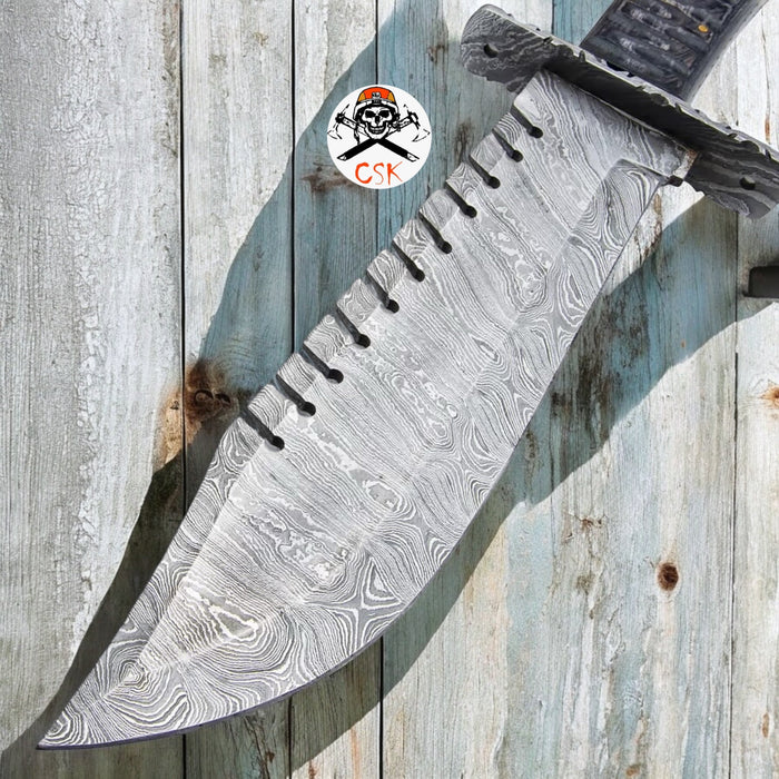 Timber Wolf Shark Back Knife And Sheath - Damascus Steel Blade, Wooden Handle, Lanyard Hole - Length 15 cskforged
