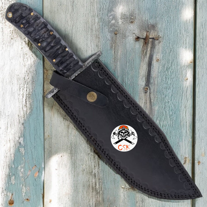Timber Wolf Shark Back Knife And Sheath - Damascus Steel Blade, Wooden Handle, Lanyard Hole - Length 15 cskforged