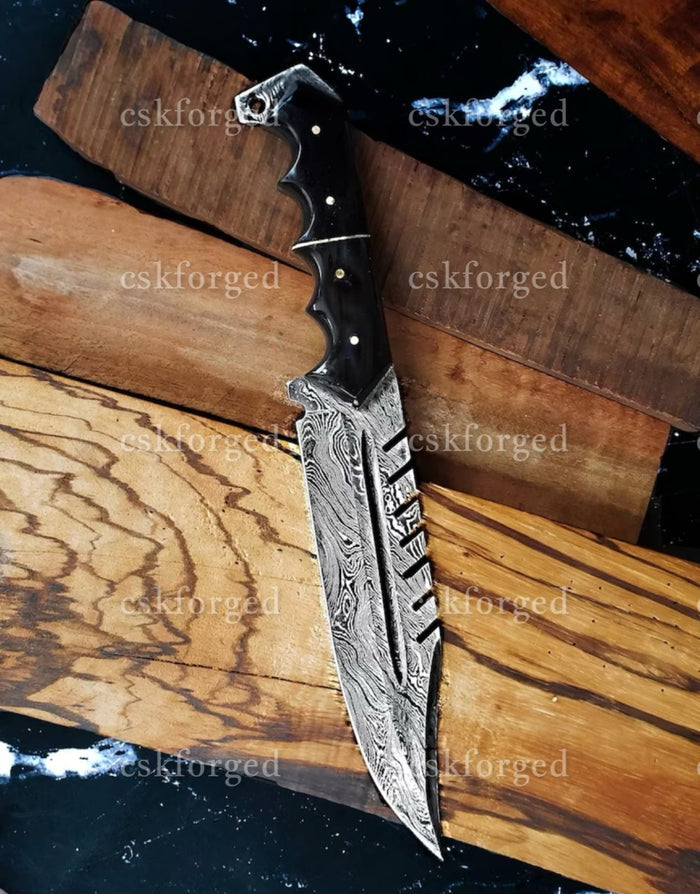 Titan Predator- Damascus Steel blade with serrated back/ Dyed bones scales cskforged