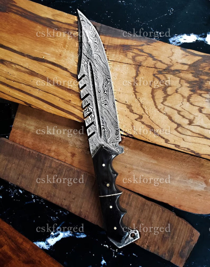 Titan Predator- Damascus Steel blade with serrated back/ Dyed bones scales cskforged