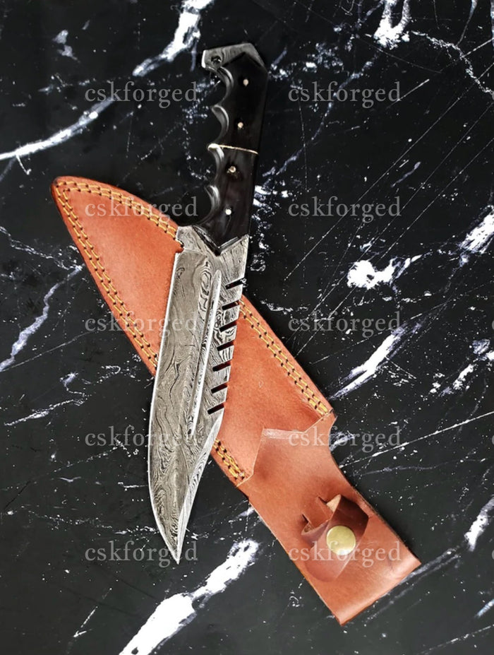 Titan Predator- Damascus Steel blade with serrated back/ Dyed bones scales cskforged