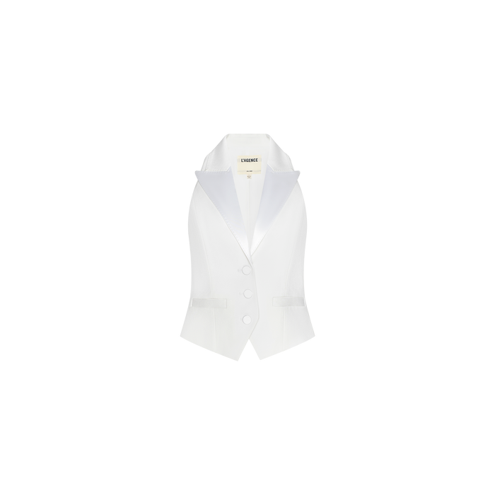 The Tomi Vest is a sleeveless, white tuxedo vest featuring a satin lapel and two buttons, crafted from stretch suiting fabric and displayed on a plain white background.