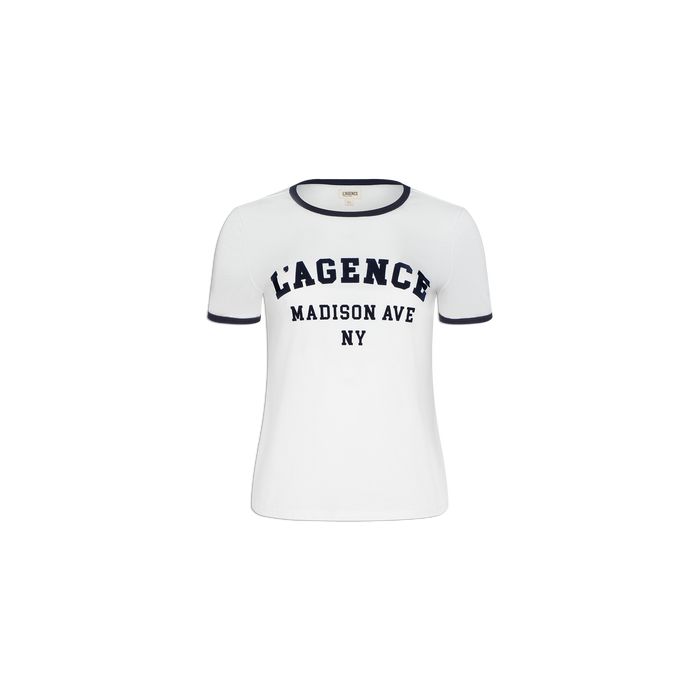 White short-sleeve Tommie Crewneck Tee with black trim on the collar and sleeves, crafted from soft Supima cotton and featuring the text LAGENCE MADISON AVE NY in bold black letters on the front.