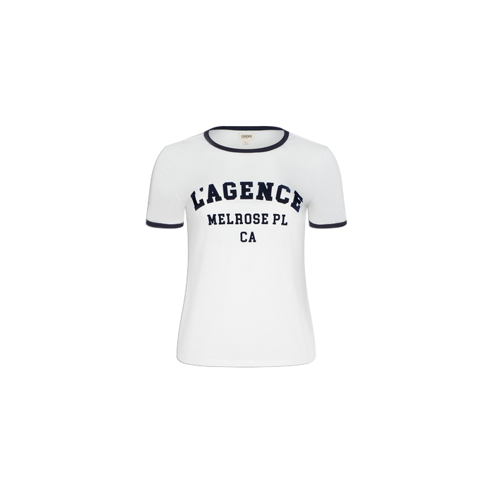 Sure Here’s a rewritten version using your product data: The Tommie Crewneck Tee is a white short-sleeve ringer t-shirt with black trim on the collar and sleeves, featuring bold black “LAGENCE MELROSE PL CA” lettering across the chest. Crafted from soft Supima cotton, it offers a relaxed fit for all-day comfort.