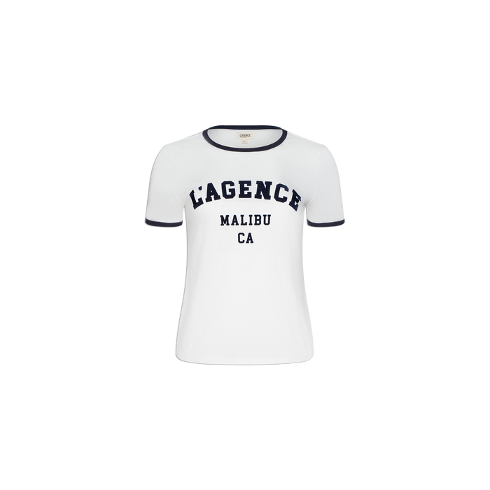 Experience the Tommie Crewneck Tee—a white ringer tee featuring black trim on the collar and sleeves, crafted from soft Supima cotton. The front displays a bold L’AGENCE logo with MALIBU CA in striking black letters.