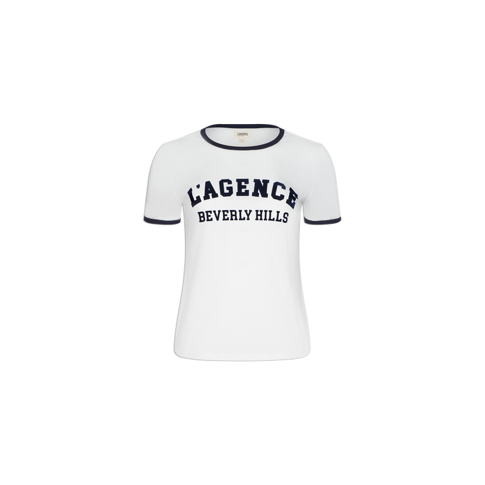 The Tommie Crewneck Tee is a white short-sleeve T-shirt with black trim on the collar and sleeves. Crafted from soft Supima cotton, this relaxed fit shirt features bold black “LAGENCE BEVERLY HILLS” lettering across the chest.