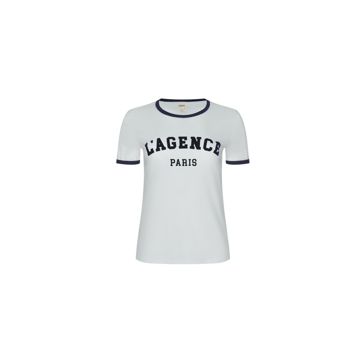 The Tommie Crewneck Tee features a white short-sleeve design with black collar and sleeve trim. “LAGENCE PARIS” is printed in bold black lettering across the front. Crafted from soft Supima cotton for a relaxed fit, this T-shirt is displayed on a plain white background.