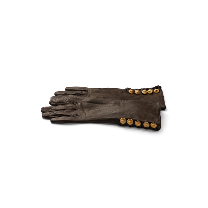 A pair of Tosca Gloves in dark brown lambskin, each featuring four gold buttons at the wrist, displayed flat on a plain white background.