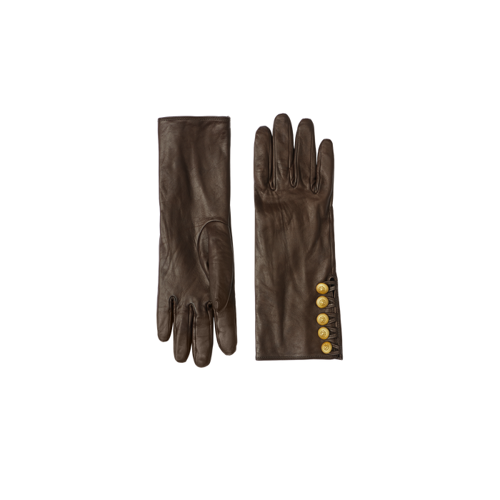 A pair of Tosca Gloves in brown lambskin, displayed on a plain white background—one glove shows the palm while the other reveals the back adorned with five gold buttons along the wrist.