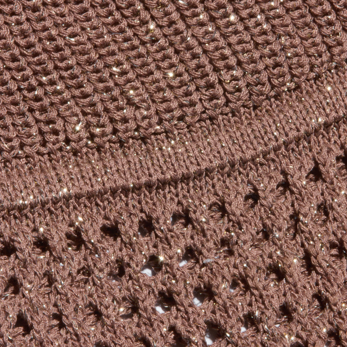 Close-up of the Tracy Bralette Top in a brown pointelle knit fabric, showcasing a pattern of small holes and a horizontal ribbed band, with metallic threads woven throughout for a subtle shimmering effect.