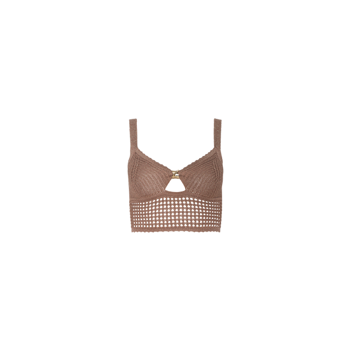 Tracy Bralette Top in brown features wide straps, a center keyhole cutout, and an open-weave band at the hem, finished with delicate pointelle knit details. Shown against a plain white background.