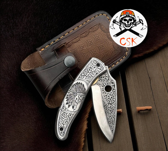 Tribal Guardian Engraved Folding Pocket Knife cskforged