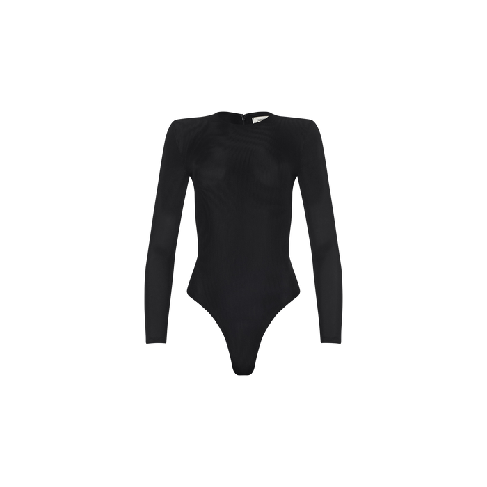 The Trista Bodysuit, featuring a black long-sleeve design with structured shoulder pads and a round neckline, is displayed on a plain white background.