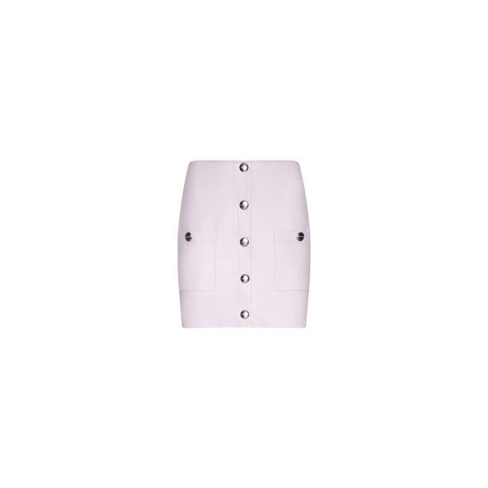 The Truman Vegan Leather Mini Skirt in light pink features front button closure, two large front pockets, and silver circular buttons, displayed on a plain white background.