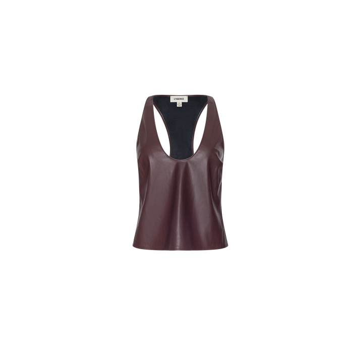 The Tullia Scoopneck Tank is a sleeveless vegan leather top in rich mahogany brown, featuring a scoop neckline and racerback design, displayed on a plain white background.