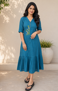 Turquoise blue cotton dress/kurti with embroidery detailing MBS-1215