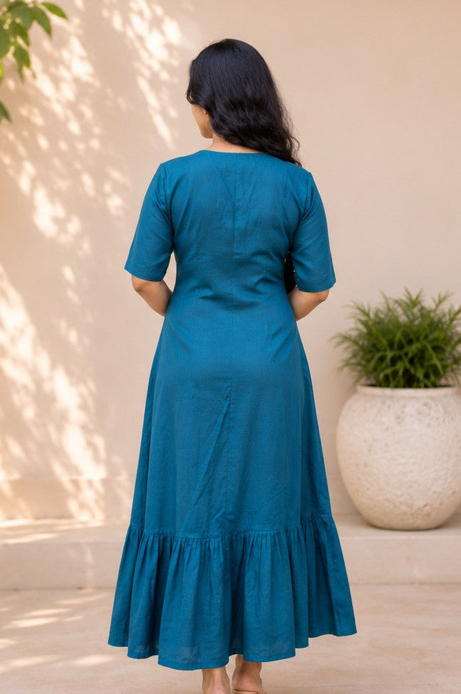 Turquoise blue cotton dress/kurti with embroidery detailing MBS-1215