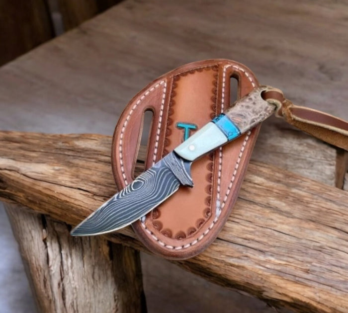 Turquoise Inlay Knife Handmade Damascus Cowboy Knife cskforged