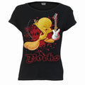 TWEETY - THIS CHICK ROCKS - Boatneck Cap Sleeve Top Black Spiral USA
