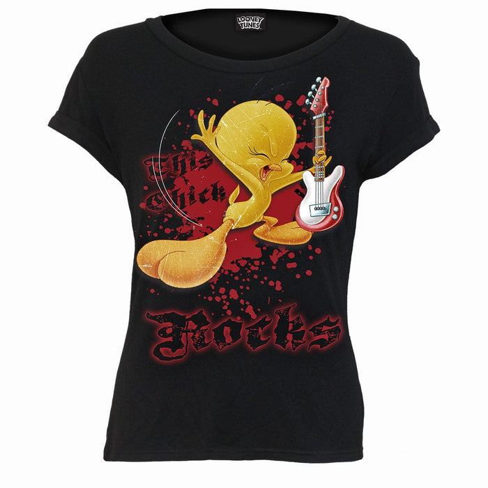 TWEETY - THIS CHICK ROCKS - Boatneck Cap Sleeve Top Black Spiral USA