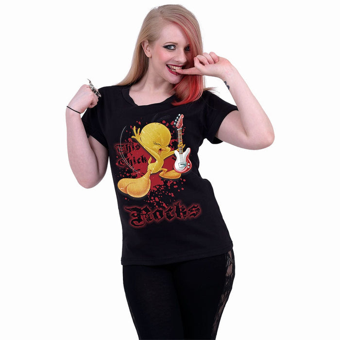 TWEETY - THIS CHICK ROCKS - Boatneck Cap Sleeve Top Black Spiral USA