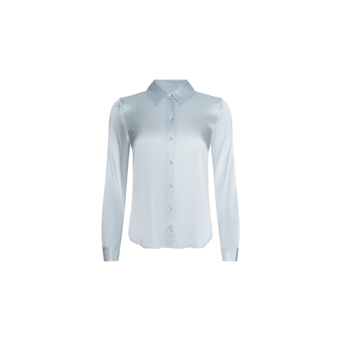 Tyler Silk Blouse in light blue with long sleeves, a pointed collar, and button-down front by L’AGENCE, shown against a plain white background.