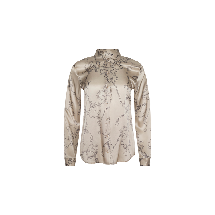 Tyler Silk Blouse in beige satin featuring long sleeves, a high collar, and an abstract gray chain print, displayed on a plain white background.