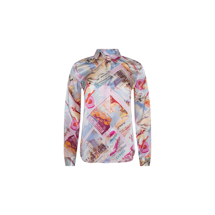 Introducing the Tyler Silk Blouse, a long-sleeve button-down shirt crafted from luxurious silk and adorned with a collage of colorful, vintage-inspired travel postcards and scenic landscapes on a light background. Featuring a classic collar and relaxed fit, this blouse showcases the distinctive L’AGENCE pink postcard print.