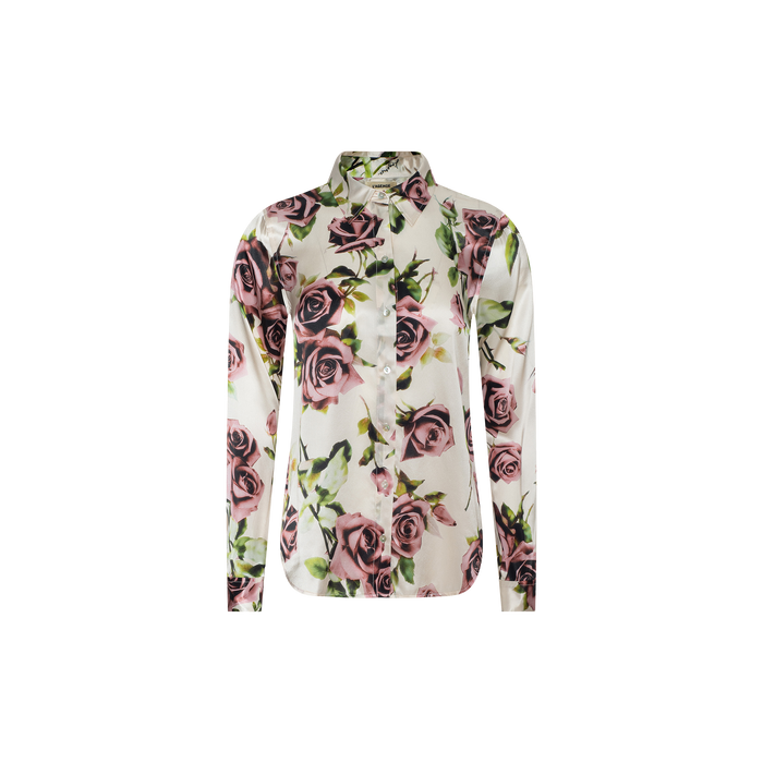 The Tyler Silk Blouse is a long-sleeve button-down shirt featuring a white base adorned with an all-over mauve rose floral print.