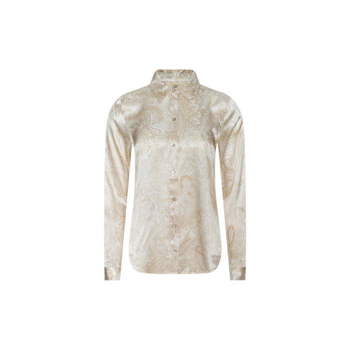 The Tyler Silk Blouse by L’AGENCE is a beige, long-sleeve button-down shirt featuring a subtle paisley print, displayed on a plain white background.