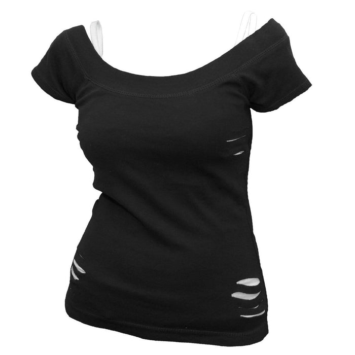URBAN FASHION - 2in1 White Ripped Top Black Spiral USA