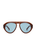 Sunglasses with brown frame and blue lenses on a white background