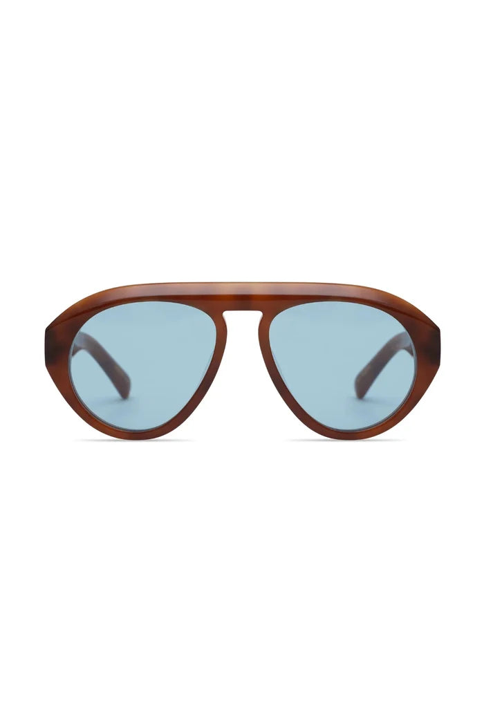 Sunglasses with brown frame and blue lenses on a white background