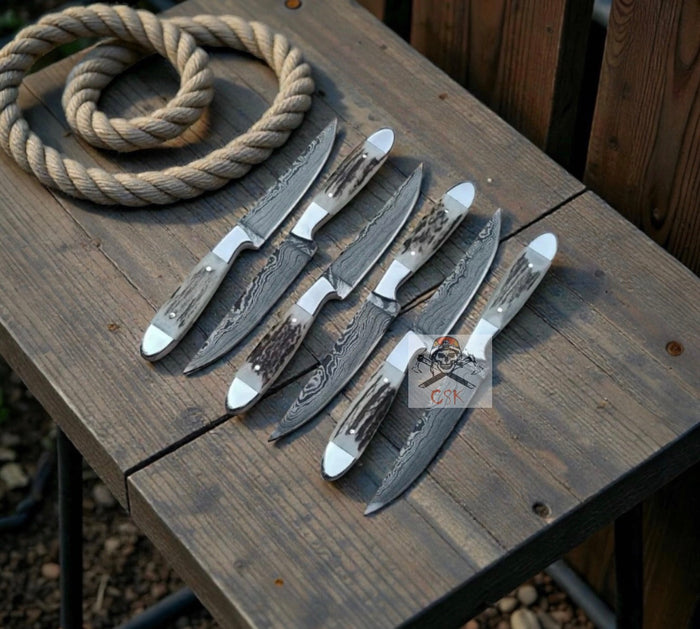 Valhalla Feast Damascus Steak Knife Set – 6-Piece Hand-Forged Damascus Steel Blades cskforged