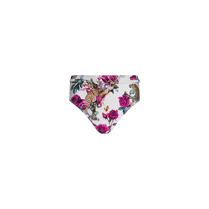 The Vanessa High-Waisted Bikini Bottom showcases a vibrant rose leopard print with pink and purple roses, green leaves, and leopards set against a white background. Enjoy added sun safety with UPF 50 protection.